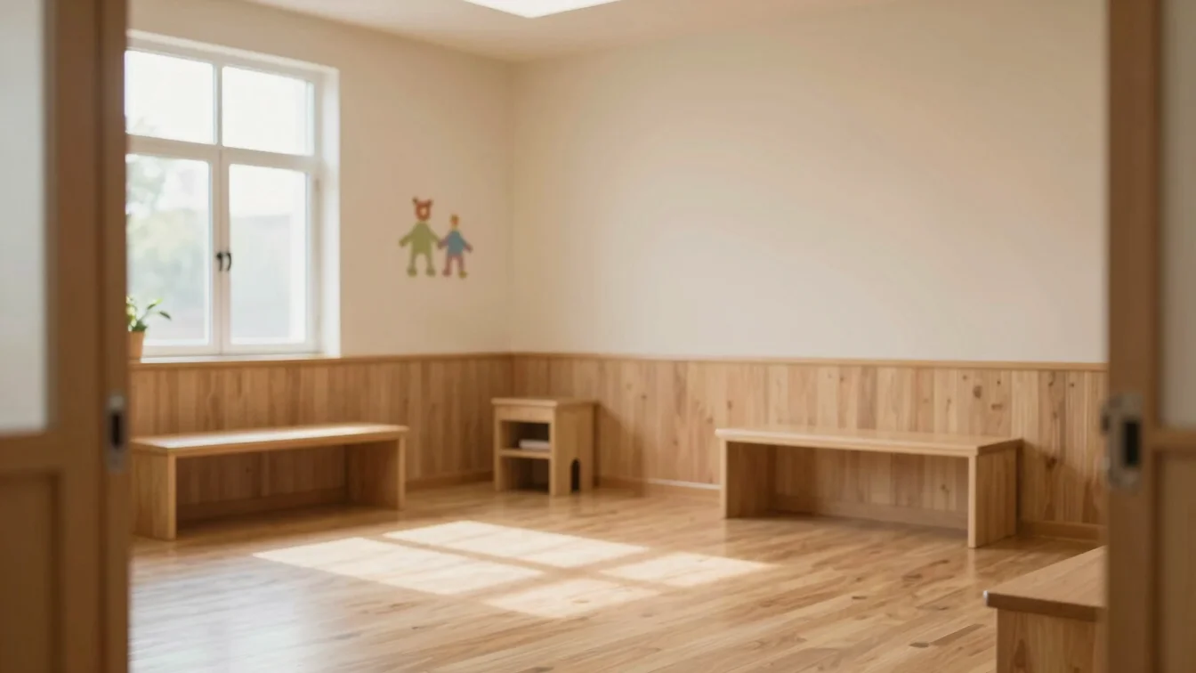 Calm child-friendly consultation space with warm wood tones and s