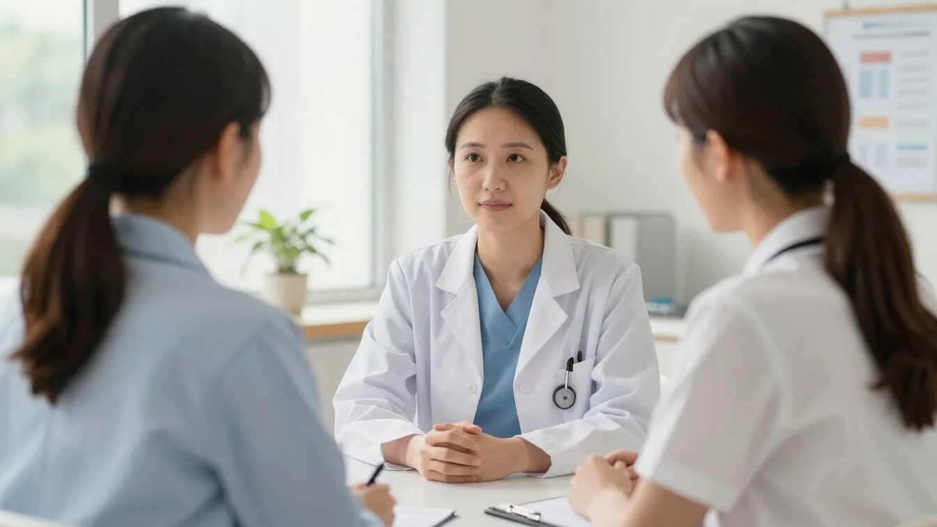 Professional healthcare consultation setting, clinician actively