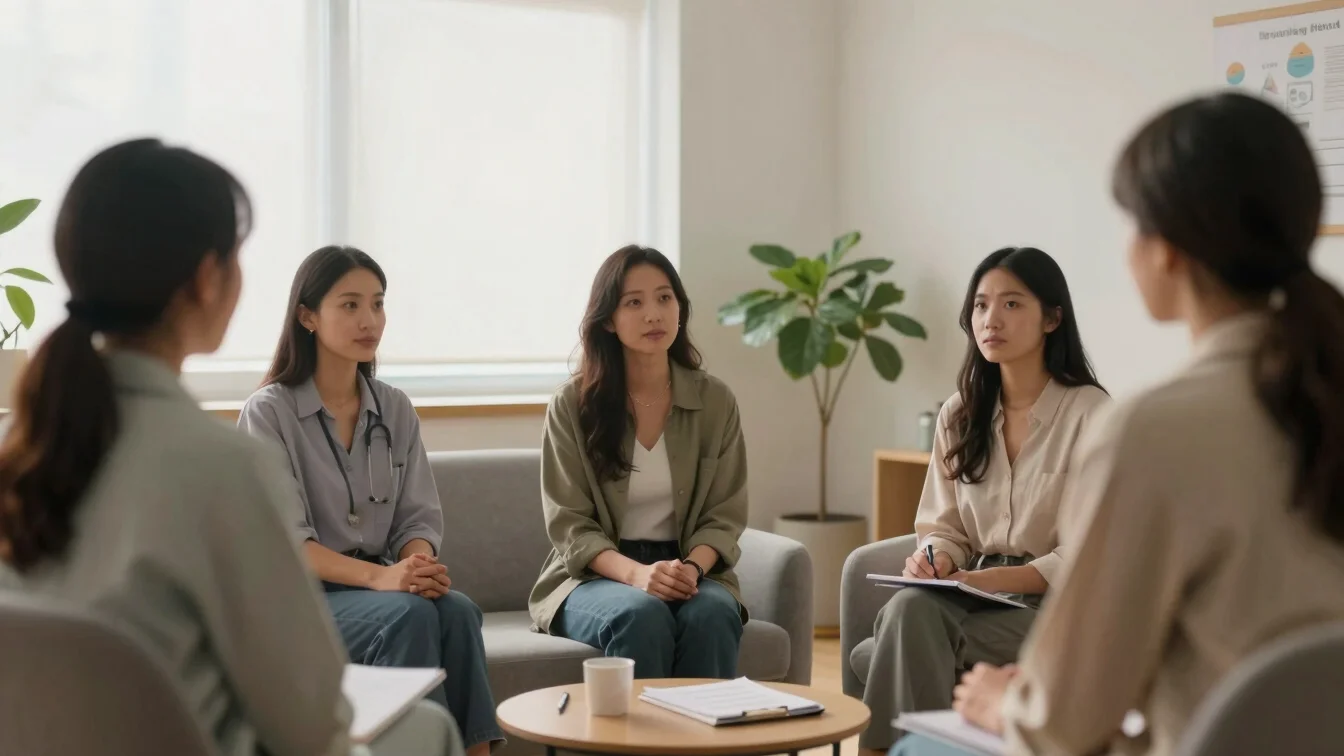 Quiet, welcoming adult consultation room with a diverse clinician