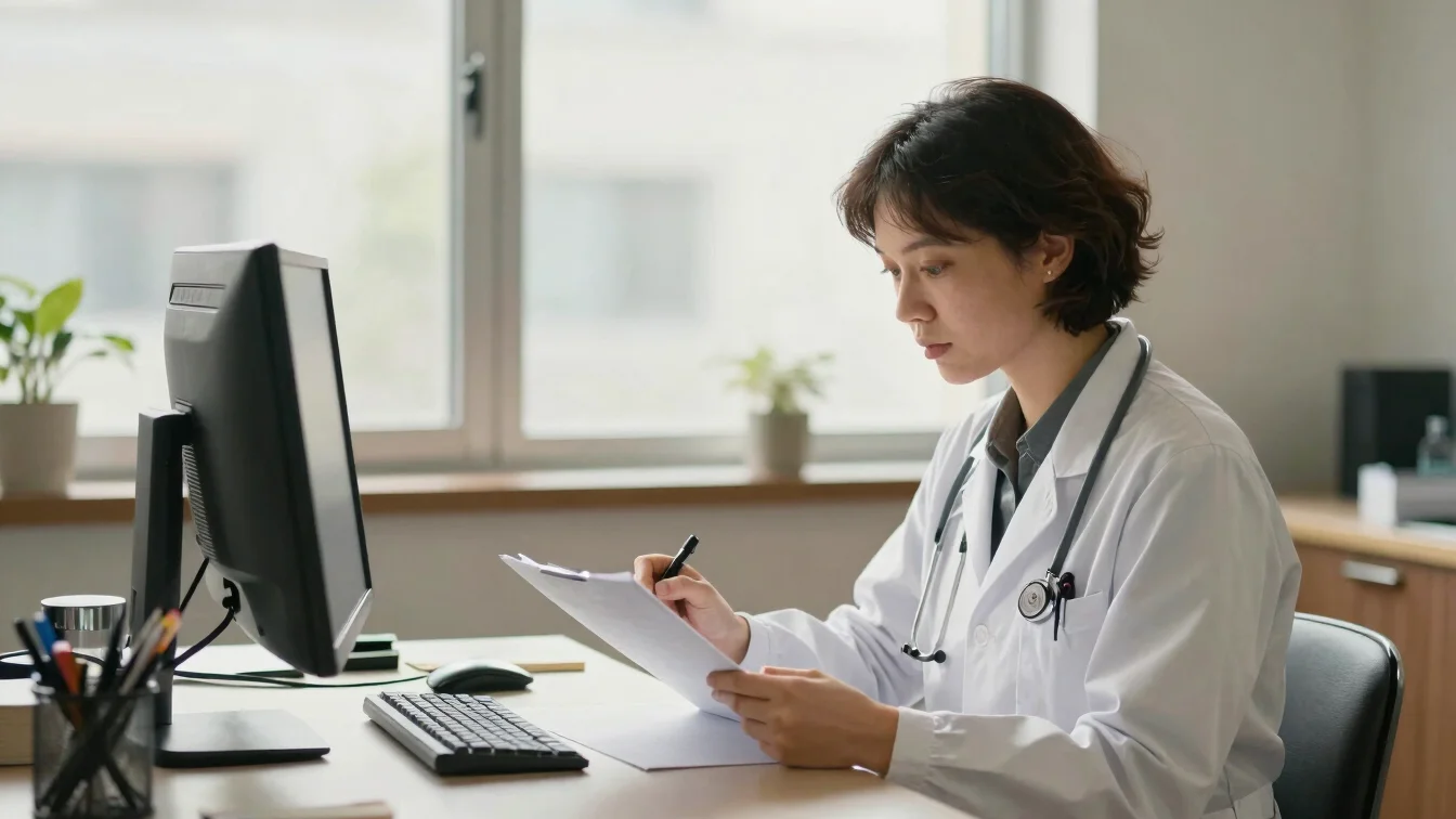 Thoughtful healthcare professional reviewing notes in a sunlit di