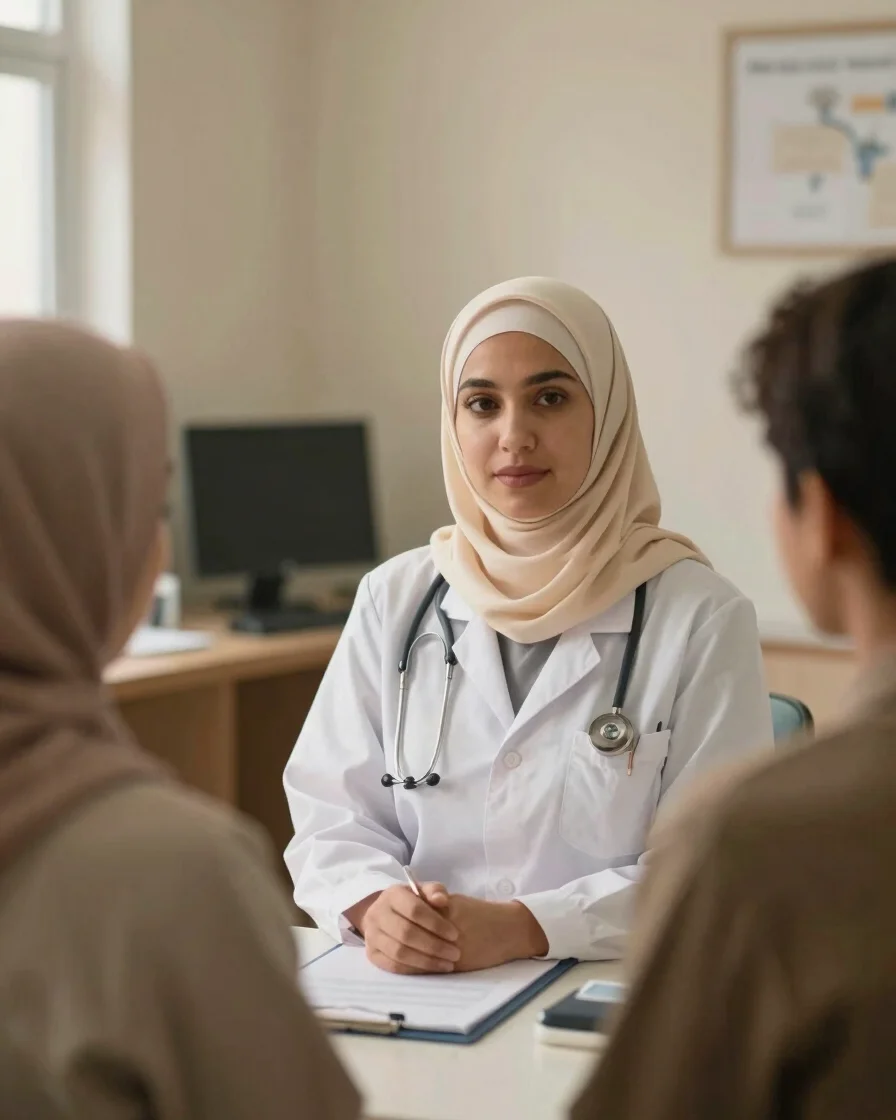 Naturally inclusive scene featuring a Muslim clinician wearing a hijab in a warm, respectful consultation room with soft