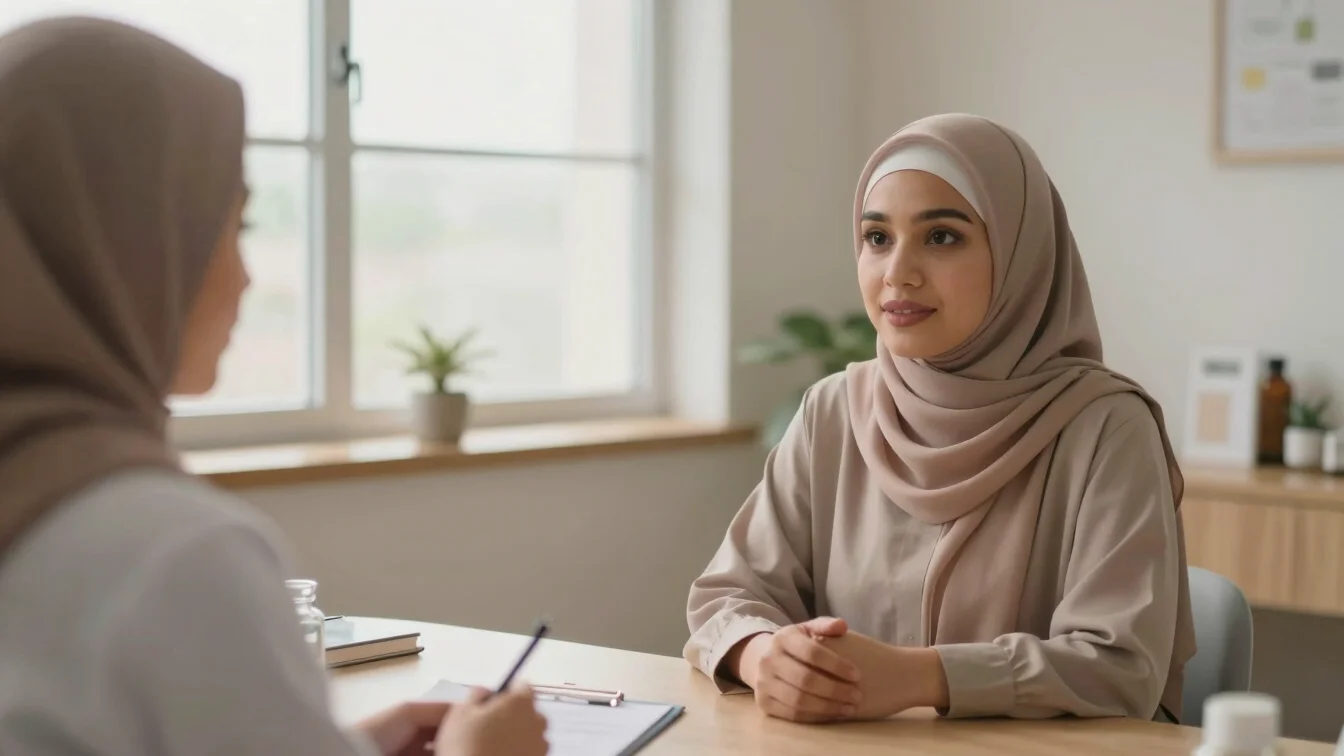 Warm natural consultation space, a Muslim clinician wearing a hij