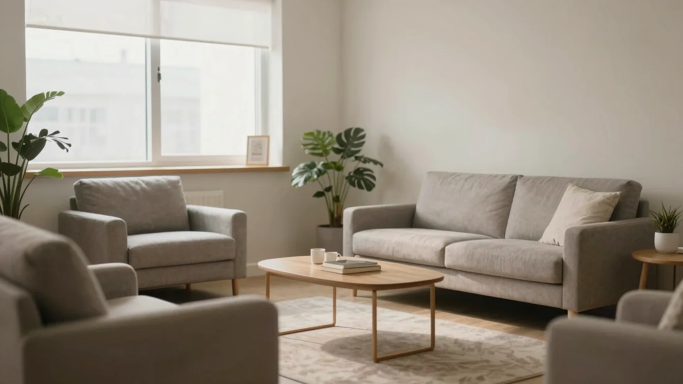 Calm diagnostic consultation room with comfortable seating, soft