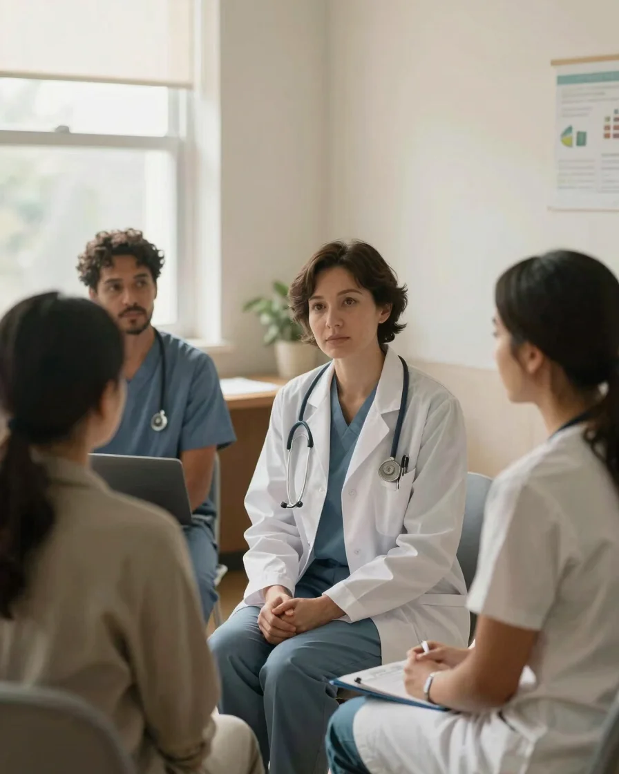 Warm editorial healthcare portrait of a diverse clinician and pat